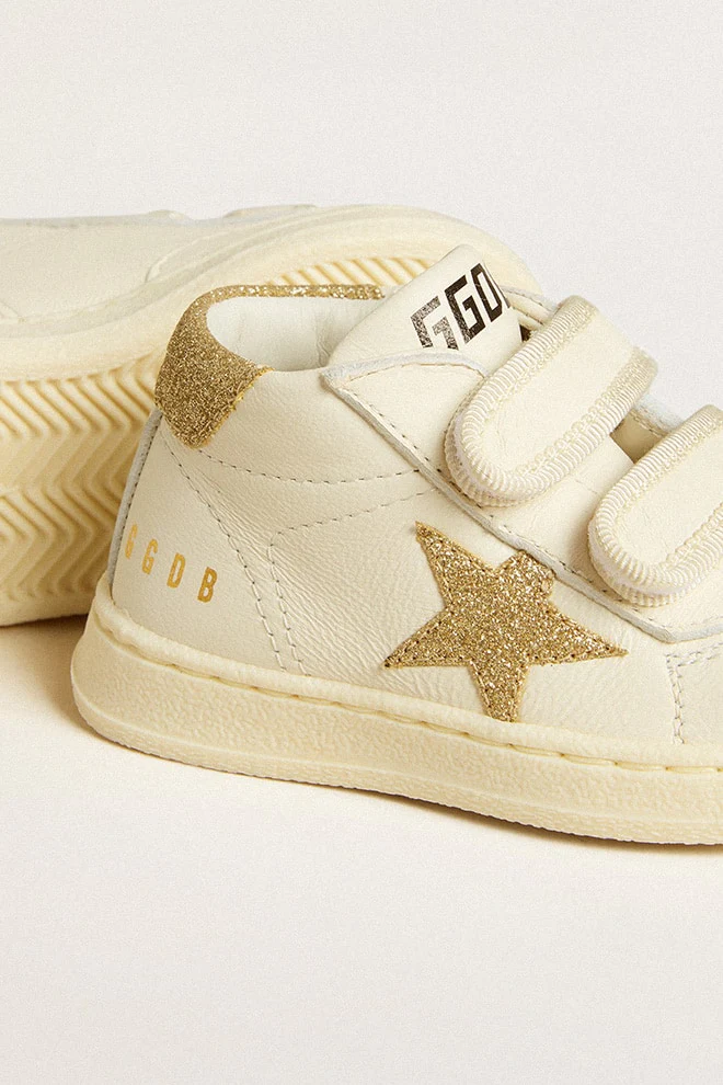 Kids | June Junior White Nappa Leather with Gold Glitter Star & Heel Tab | White x Platinum - Image 4