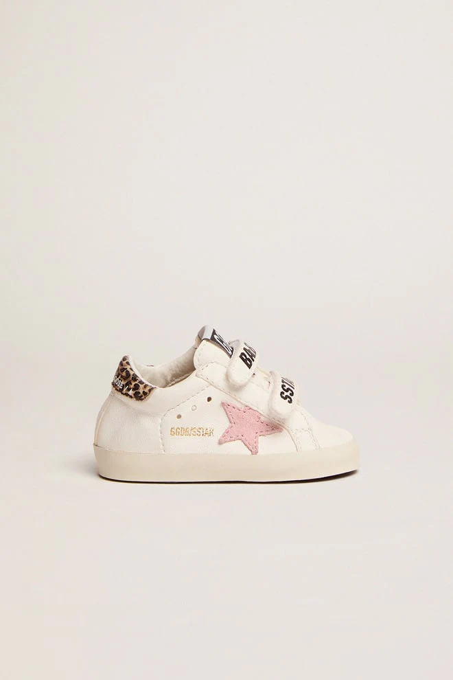 Kids | June Nappa Leather with Pink Star & Leopard Heel Tab | White x Baby Pink x Beige Brown Leo - Image 2