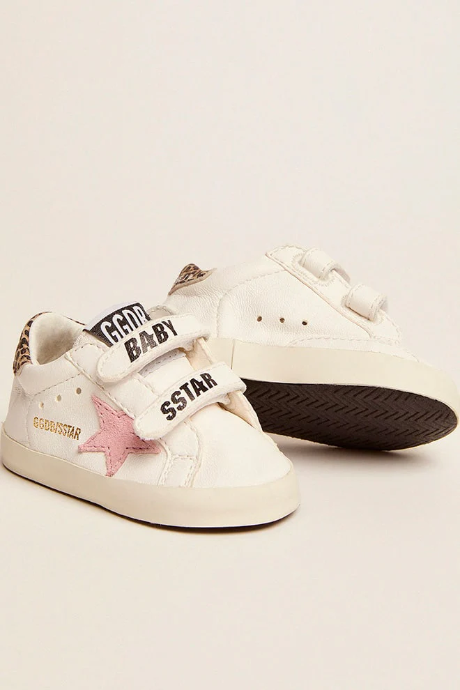 Kids | June Nappa Leather with Pink Star & Leopard Heel Tab | White x Baby Pink x Beige Brown Leo - Image 3