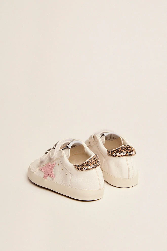 Kids | June Nappa Leather with Pink Star & Leopard Heel Tab | White x Baby Pink x Beige Brown Leo - Image 8