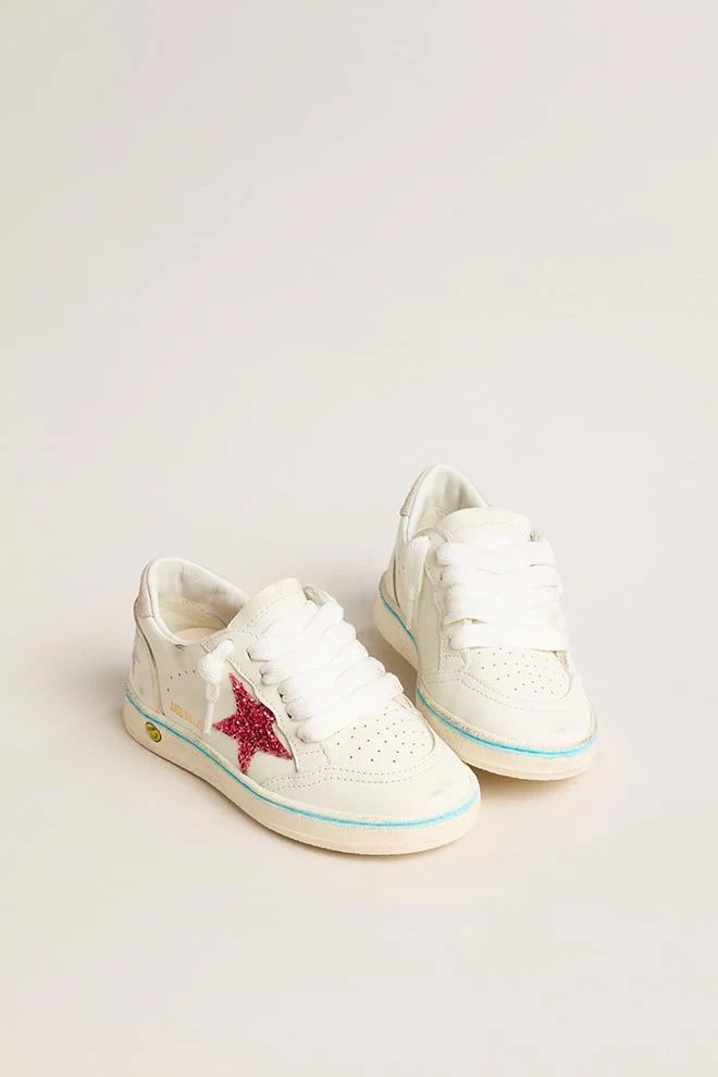 Kids | Junior Ball Star Leather with Fucsia Glitter Star | Optic White x Light Grey x Fucsia - Image 2