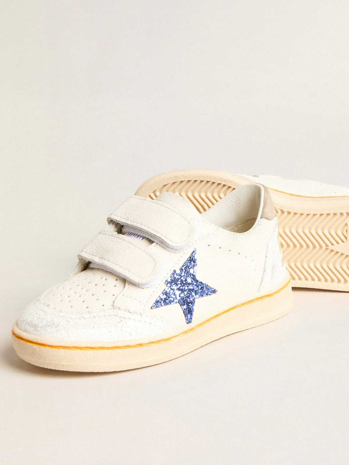 Kids | Junior Ball Star with Blue Glitter Star & Beige Suede Heel Tab | White x Light Blue x Taupe - Image 10