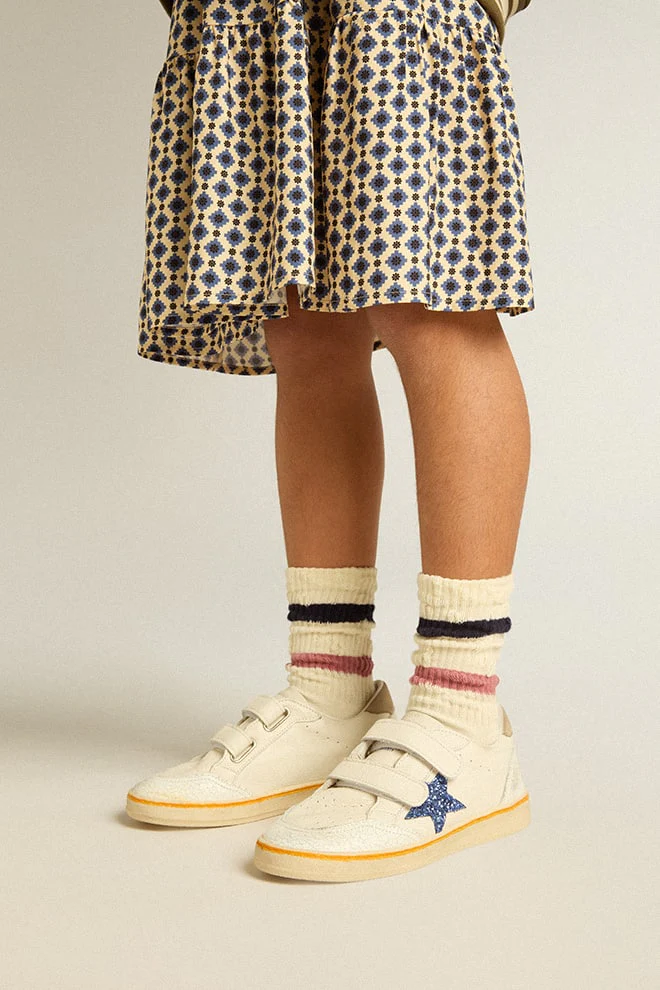 Kids | Junior Ball Star with Blue Glitter Star & Beige Suede Heel Tab | White x Light Blue x Taupe - Image 3