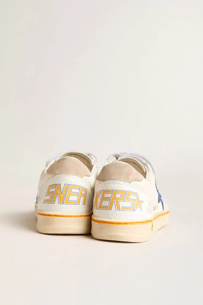 Kids | Junior Ball Star with Blue Glitter Star & Beige Suede Heel Tab | White x Light Blue x Taupe - Image 8
