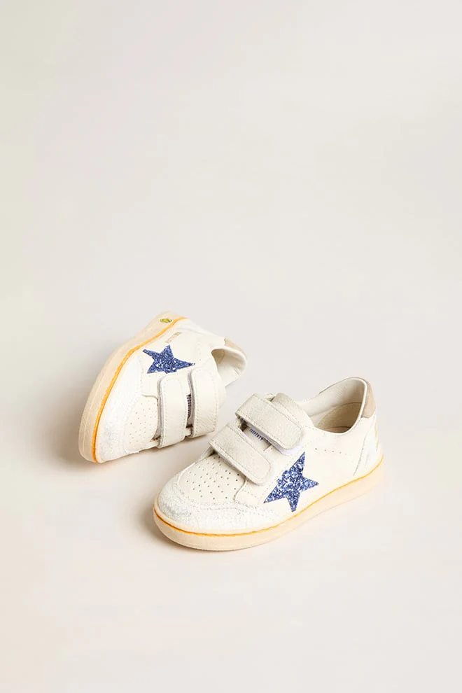 Kids | Junior Ball Star with Blue Glitter Star & Beige Suede Heel Tab | White x Light Blue x Taupe - Image 9