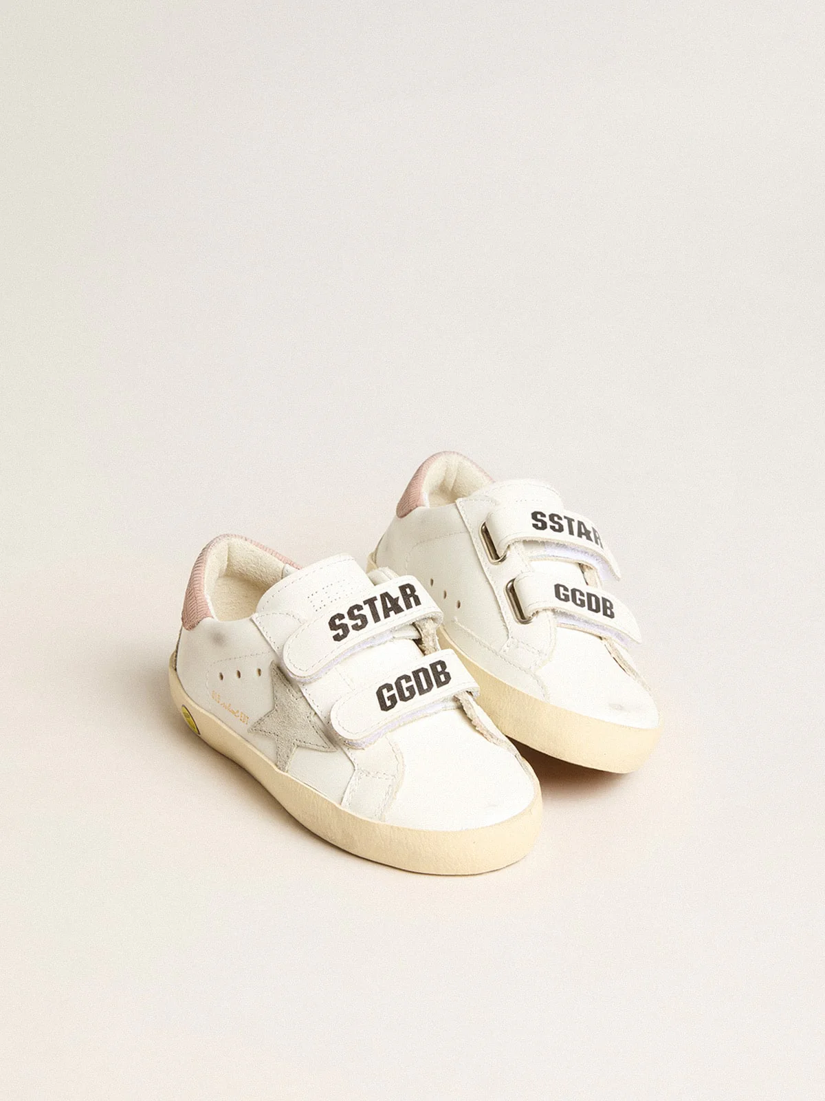 Kids | Junior Old School Leather with Gray Suede Star & Old Rose Heel Tab | White x Ice x Antique Pink - Image 10