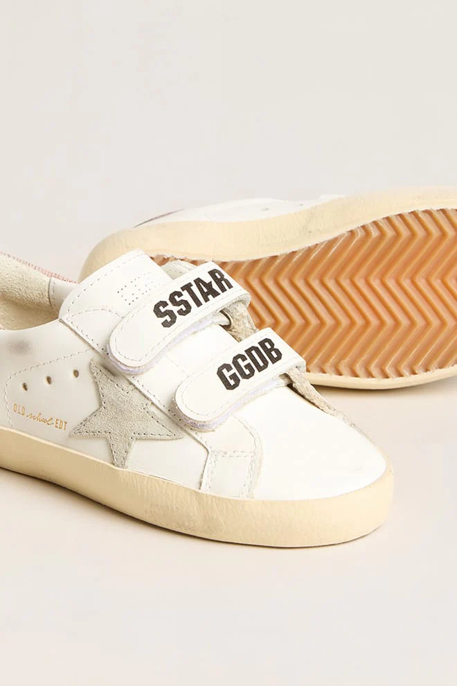 Kids | Junior Old School Leather with Gray Suede Star & Old Rose Heel Tab | White x Ice x Antique Pink - Image 3