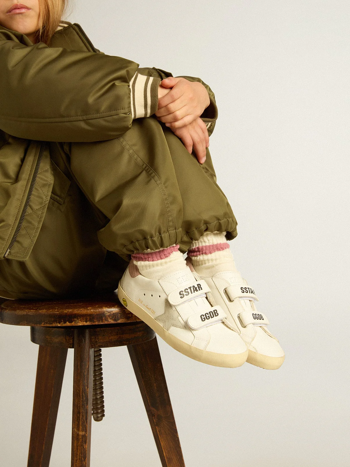 Kids | Junior Old School Leather with Gray Suede Star & Old Rose Heel Tab | White x Ice x Antique Pink - Image 6