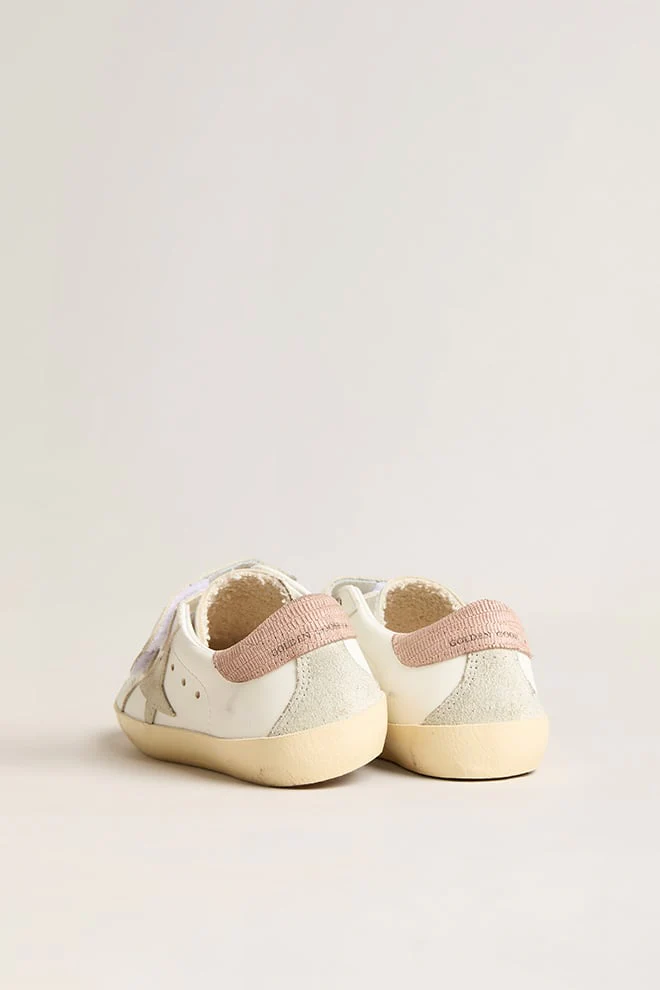 Kids | Junior Old School Leather with Gray Suede Star & Old Rose Heel Tab | White x Ice x Antique Pink - Image 8