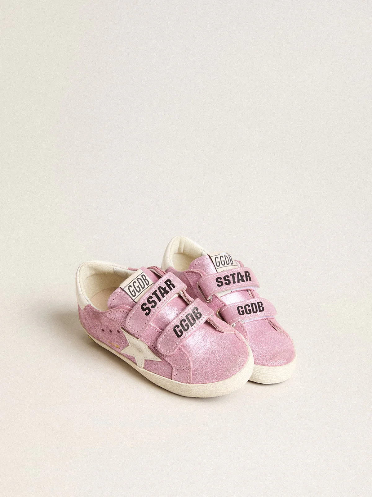 Kids | Junior Old School Metallic Pink Suede with White Leather Star & Heel Tab | Pink x White - Image 4