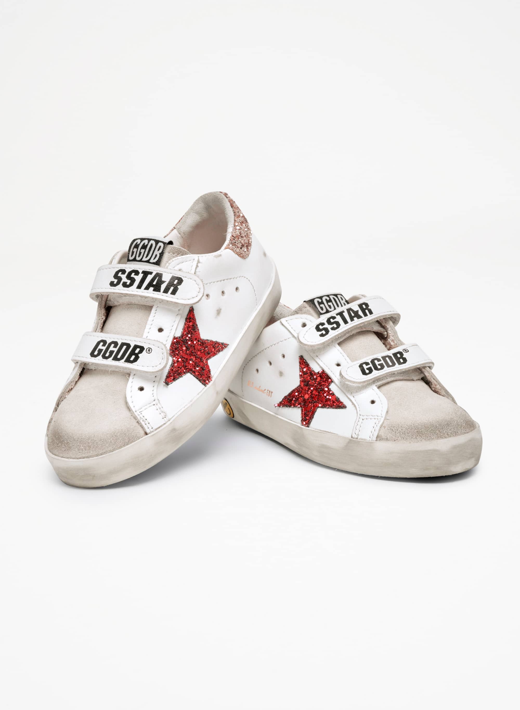 Kids | Junior Old School Sneakers with Colored Glitter Star & Heel Tab | White x Red x Ice x Gold x - Image 3