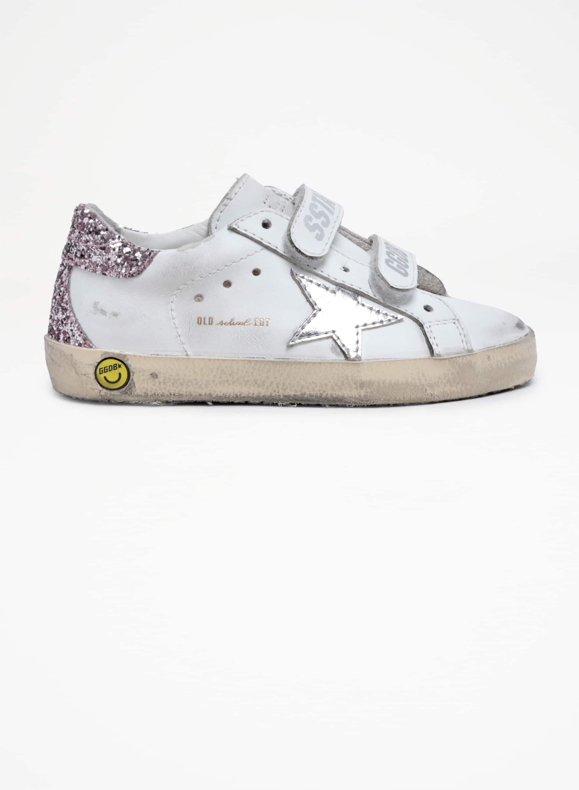 Kids | Junior Old School Sneakers with Glitter Heel Tab & Silver Star | White x Silver x Rose Quartz - Image 2