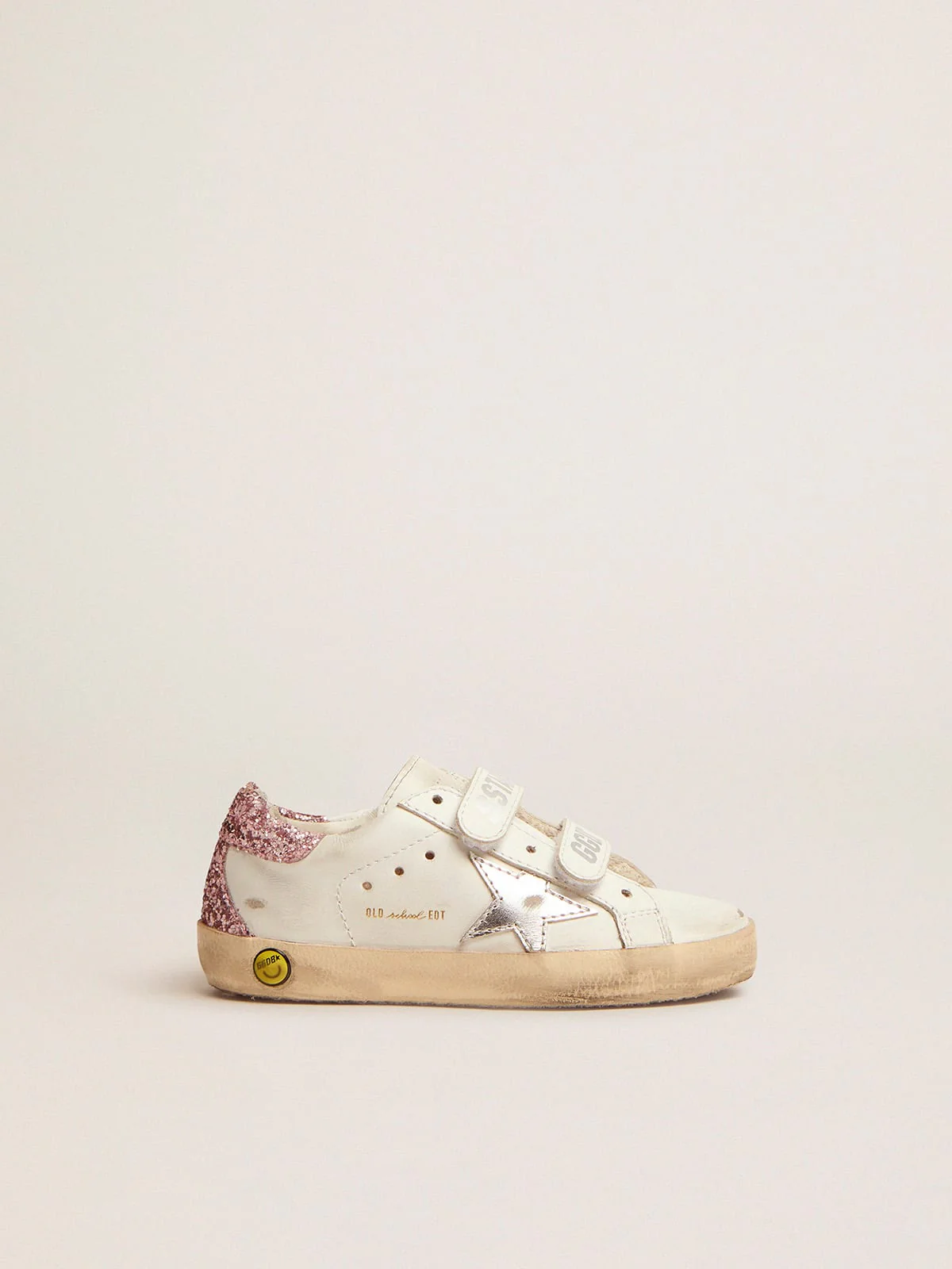 Kids | Junior Old School Sneakers with Glitter Heel Tab & Silver Star | White x Silver x Rose Quartz - Image 4