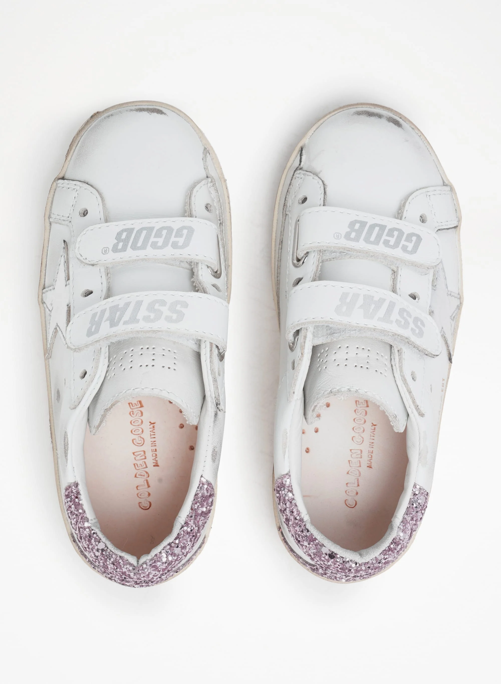Kids | Junior Old School Sneakers with Glitter Heel Tab & Silver Star | White x Silver x Rose Quartz - Image 7