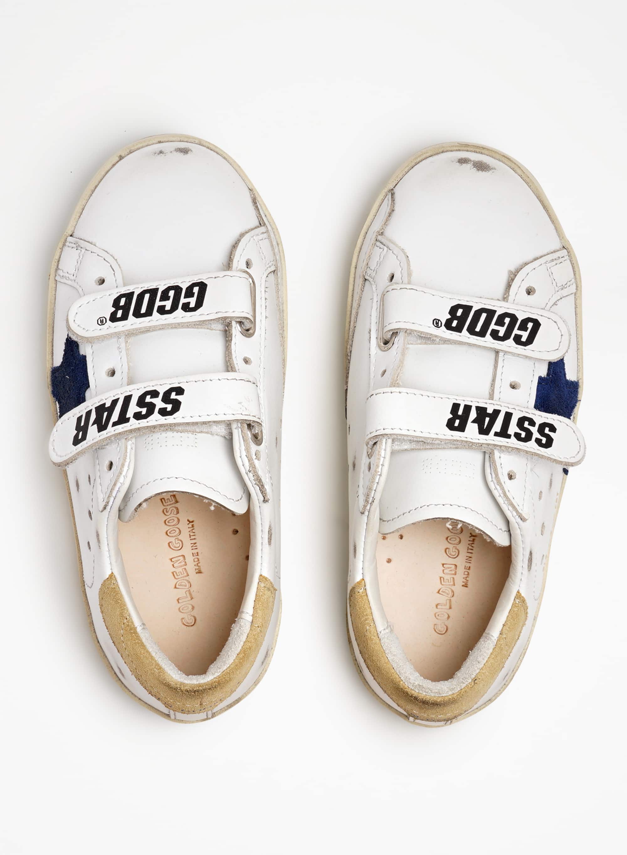 Kids | Junior Old School Sneakers with Sand-Colored Heel Tab & Blue Star | White x Royal Blue x Sand - Image 4