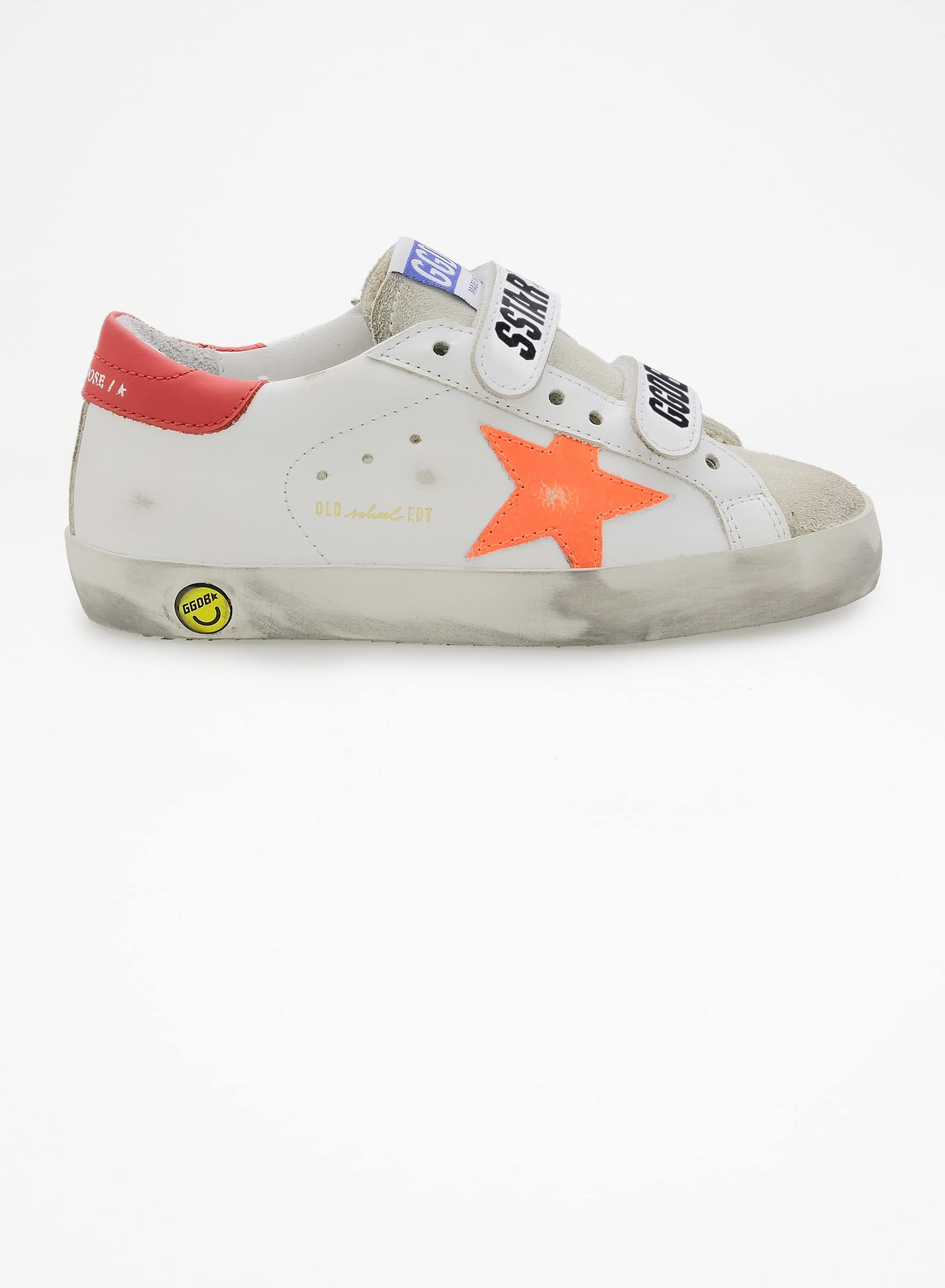 Kids | Junior Old School Sneakers with Velcro Fastening & Fluorescent Orange Star | White x Ice x Orange Fluo x Cherry Red - Image 4