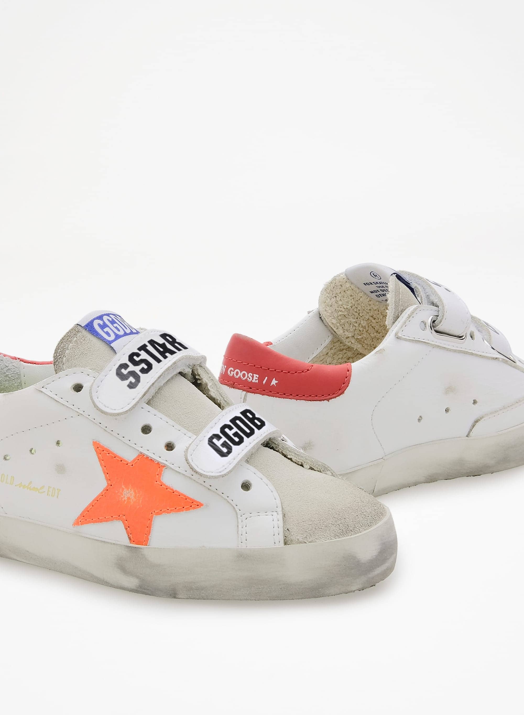 Kids | Junior Old School Sneakers with Velcro Fastening & Fluorescent Orange Star | White x Ice x Orange Fluo x Cherry Red - Image 5