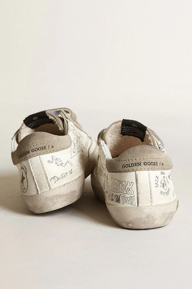 Kids | Junior Old School White Nappa with Dove Gray Inserts | White x Black x Taupe - Image 5