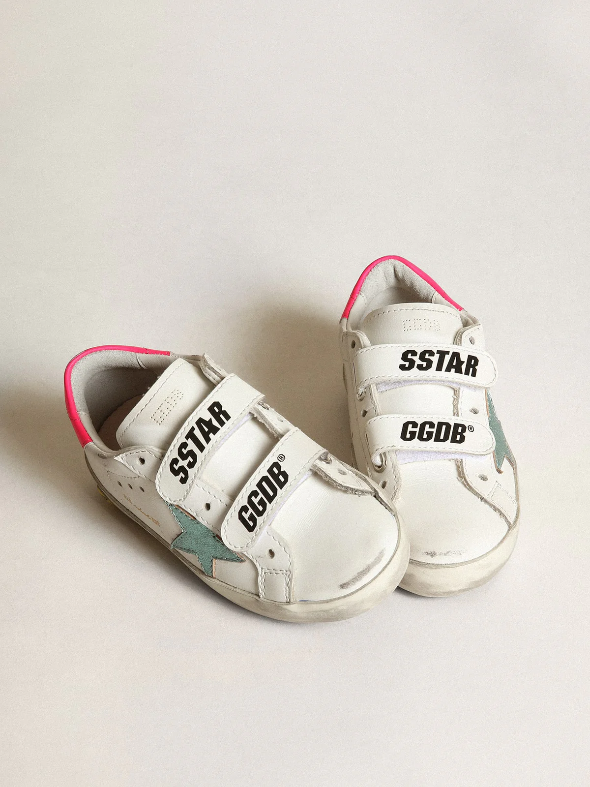 Kids | Junior Old School with Aquamarine Laminated Leather Star | White x Mint x Fluo Fuxia - Image 3