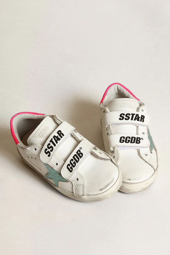 Kids | Junior Old School with Aquamarine Laminated Leather Star | White x Mint x Fluo Fuxia - Image 7