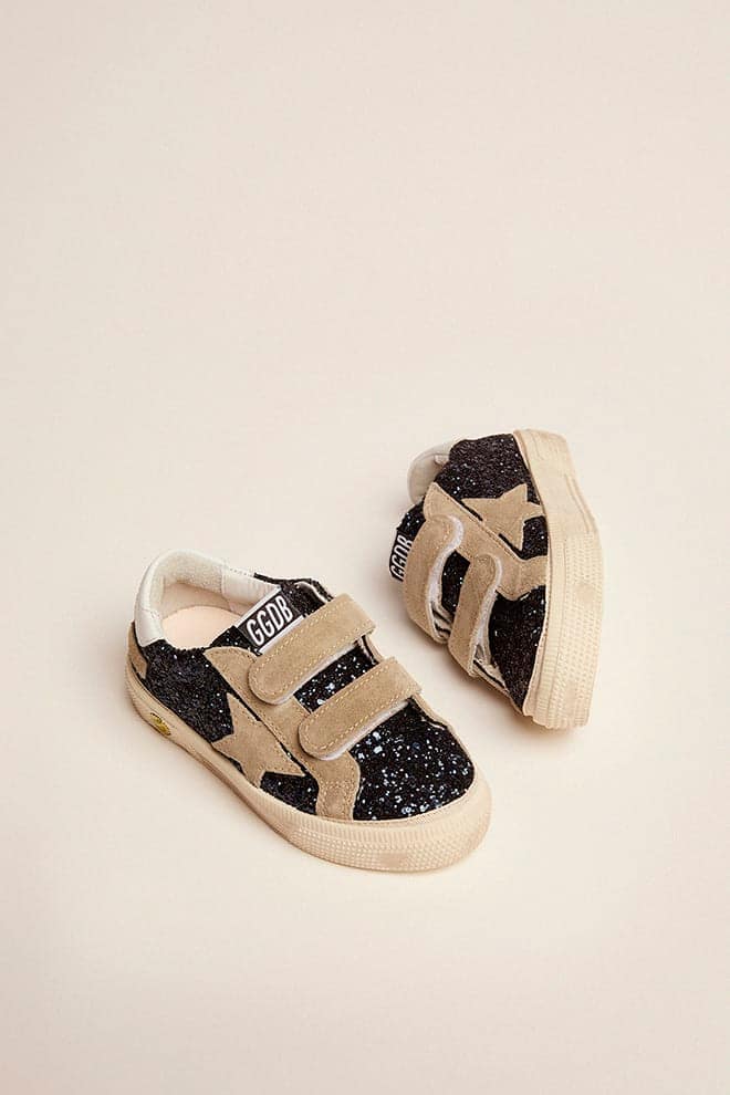 Kids | May Junior Sneakers Dark Blue Glitter with Beige Suede Star & White Leather Heel Tab | Night Blue x Taupe x White - Image 5