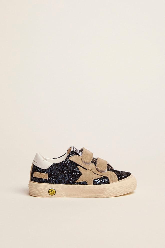 Kids | May Junior Sneakers Dark Blue Glitter with Beige Suede Star & White Leather Heel Tab | Night Blue x Taupe x White - Image 6