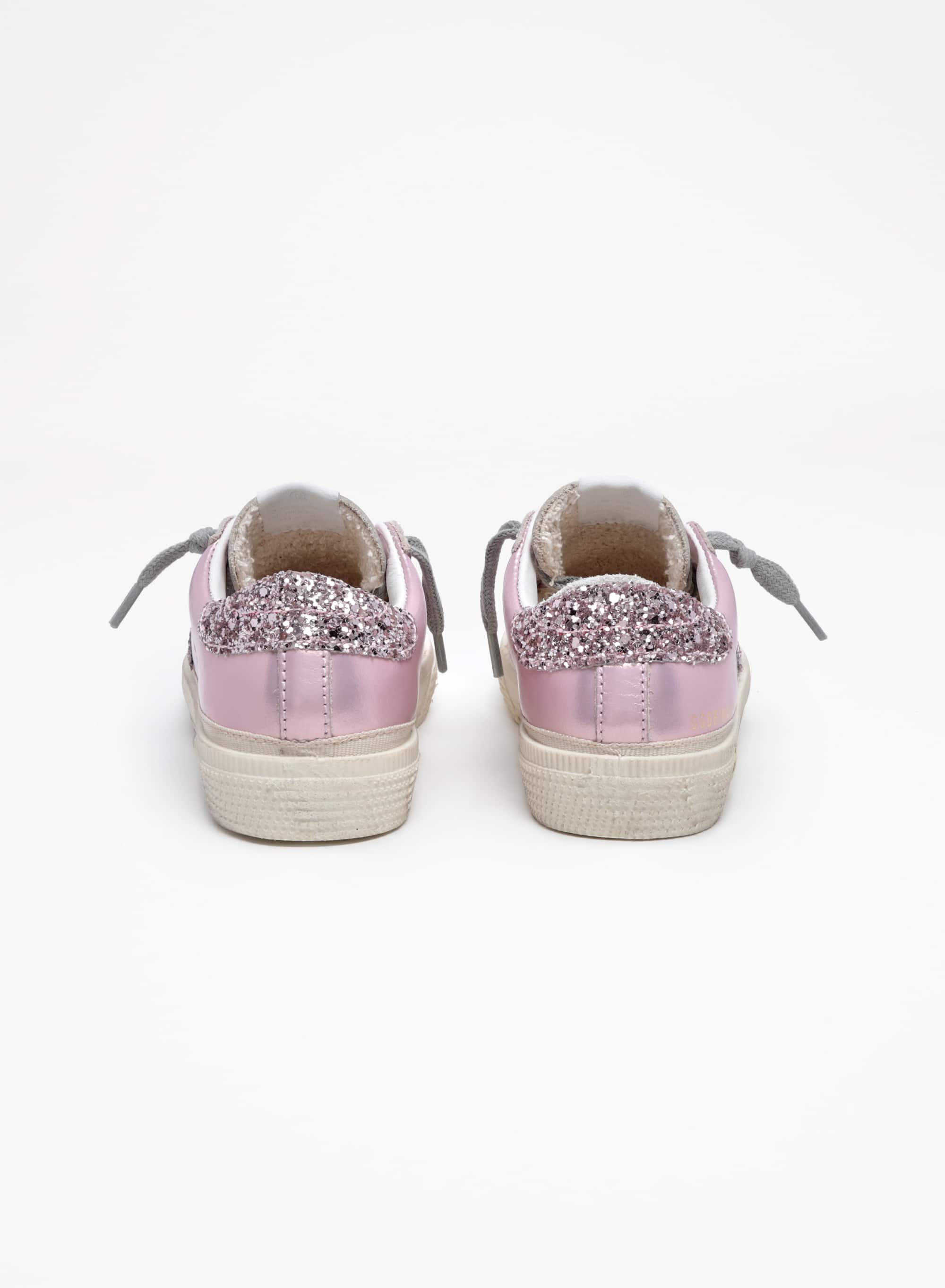 Kids | May Junior Sneakers Metallic Pink Leather with Pink Glitter Star & Heel Tab | Salmon Pink x Pink - Image 8
