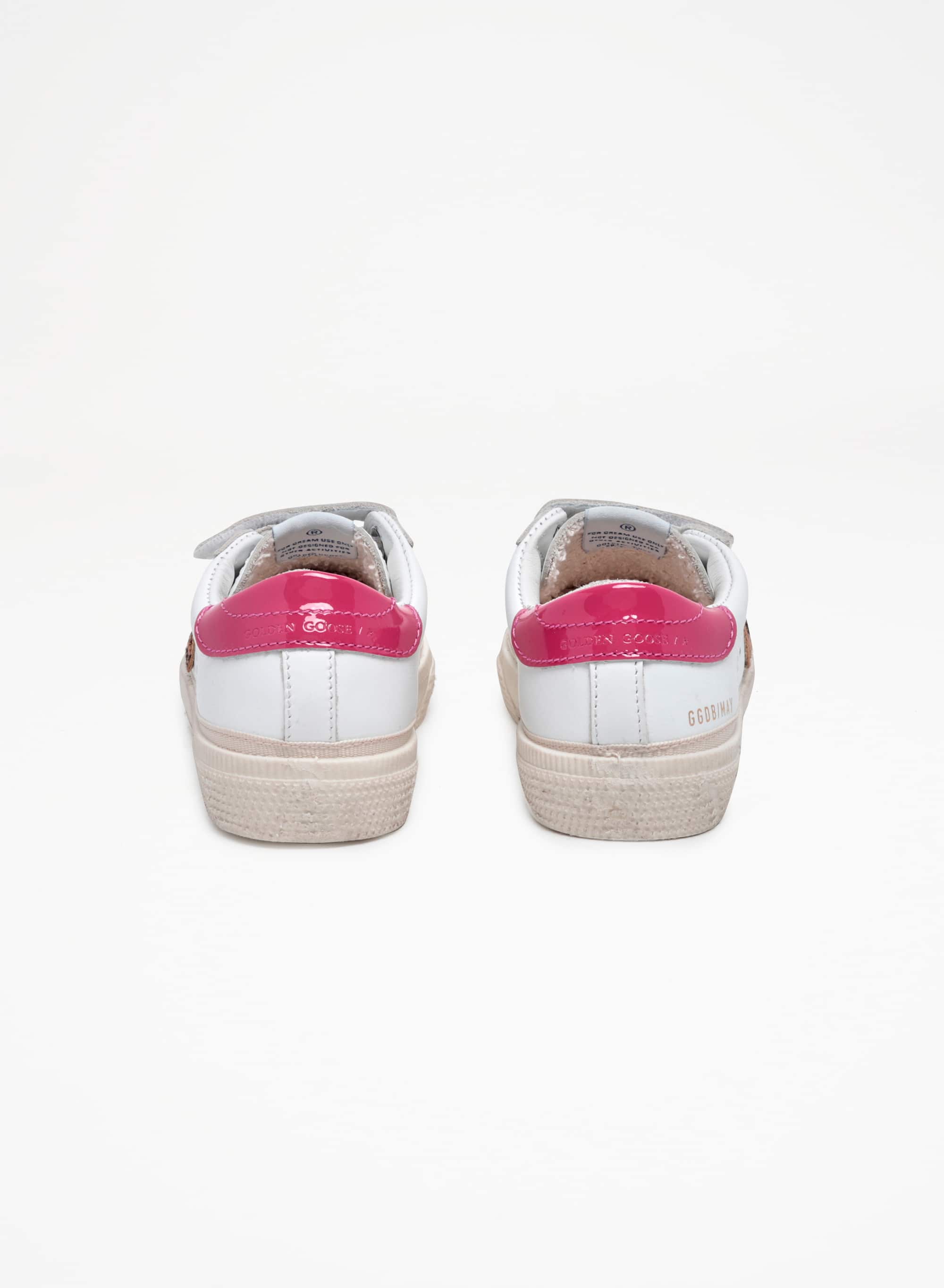 Kids | May Junior Sneakers White Leather with Leopard Pony Skin Star & Fucsia Lucid Heel Tab | White x Beige Brown Leo x Fuxia - Image 6