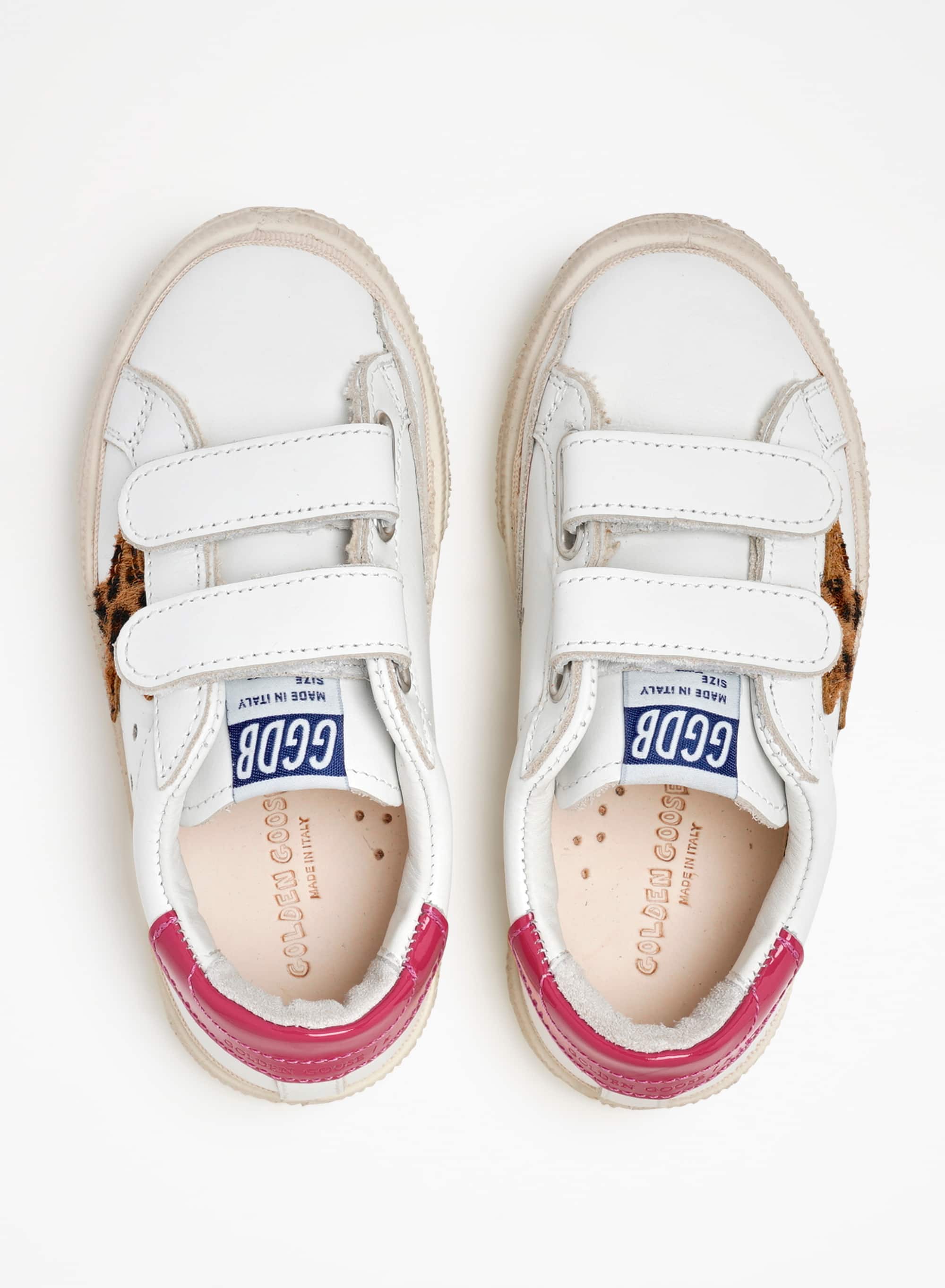 Kids | May Junior Sneakers White Leather with Leopard Pony Skin Star & Fucsia Lucid Heel Tab | White x Beige Brown Leo x Fuxia - Image 8