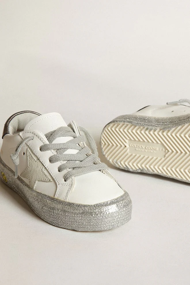 Kids | May Junior with White Leather, Silver Sole & Ice Star | White x Ice x Charcoal Grey - Image 2