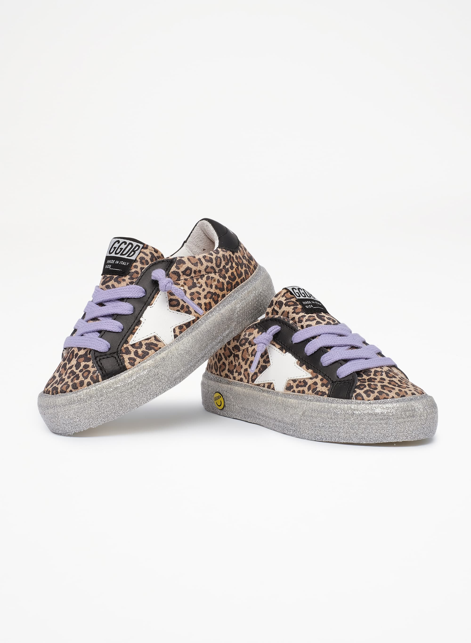 Kids | May Leopard with White Star & Black Heel Tab | Beige Brown Leo x White x Black - Image 6