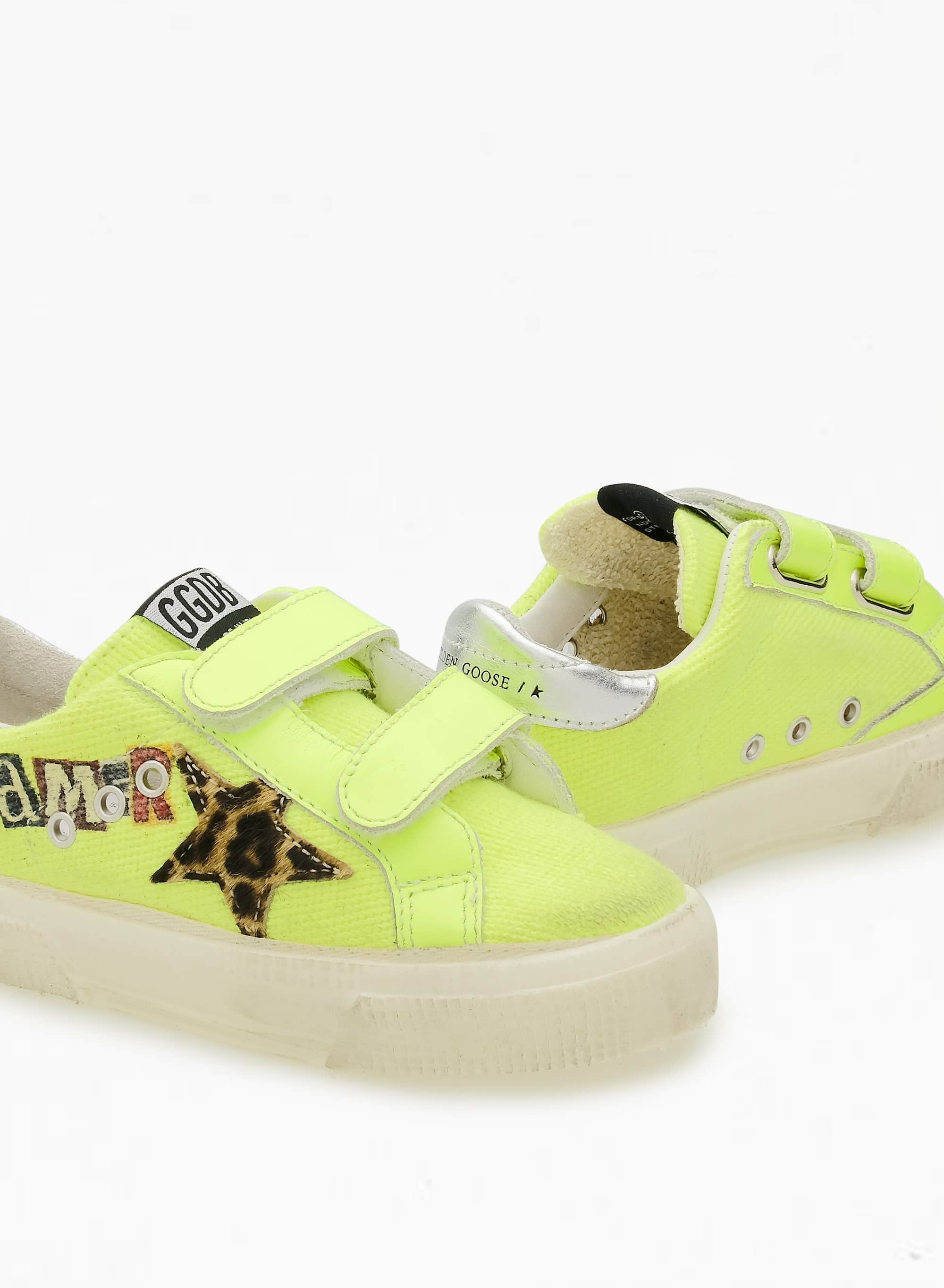 Kids | May School Canvas Upper with "Dreamer Rebel" Print | Yellow Fluo x Beige Brown Leo x Silver - Image 4