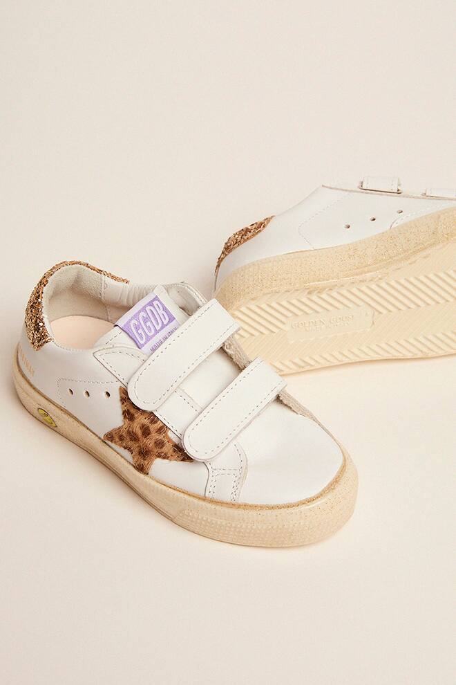Kids | May School Leather Upper & Stripes Giraffe Horsy | White x Cream Light Brown Giraffe x Gold - Image 7