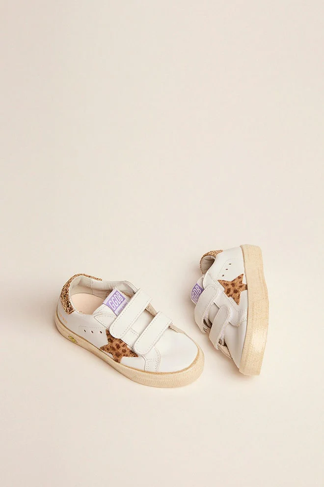 Kids | May School Sneakers White Leather with Giraffe Pony Skin Star & Gold Glitter Heel Tab | White x Cream Light Brown Giraffe x Gold - Image 2