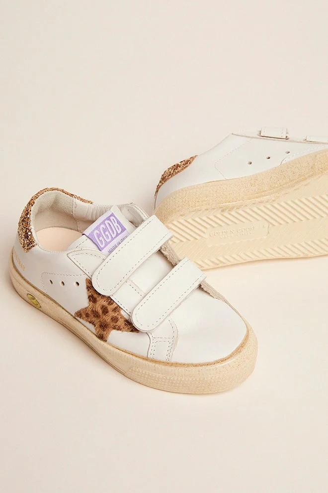 Kids | May School Sneakers White Leather with Giraffe Pony Skin Star & Gold Glitter Heel Tab | White x Cream Light Brown Giraffe x Gold - Image 5