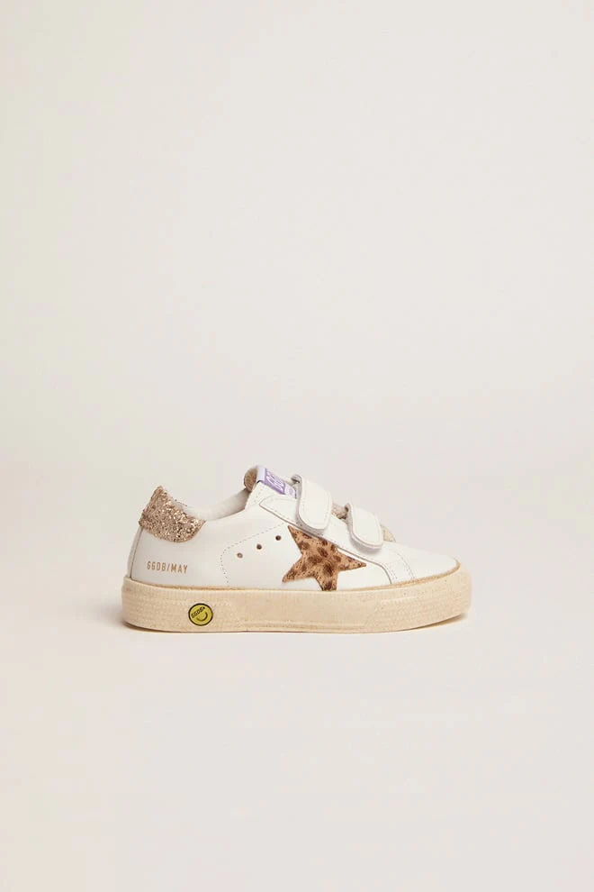 Kids | May School Sneakers White Leather with Giraffe Pony Skin Star & Gold Glitter Heel Tab | White x Cream Light Brown Giraffe x Gold - Image 7