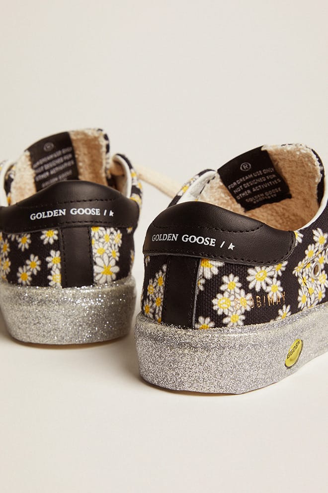 Kids | May Sneakers Junior Floreal Print Nylon with White Leather Star & Black Leather Heel Tab | Black x White Daisies x White x Black - Image 8