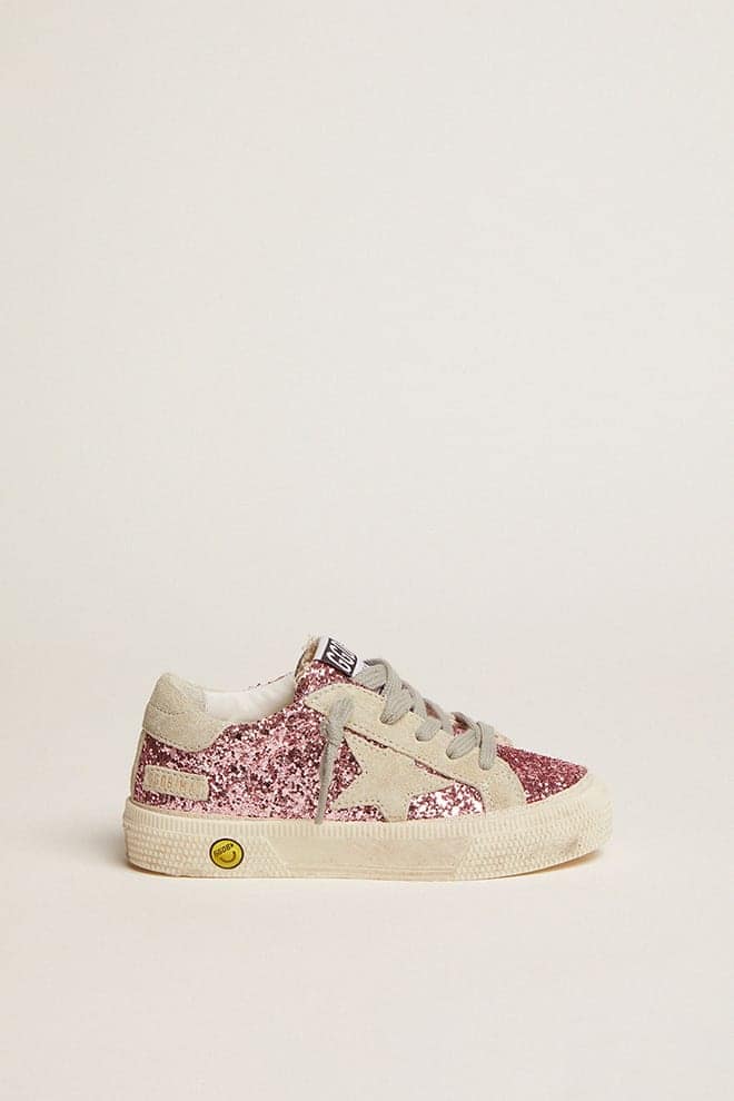 Kids | May Sneakers Pink Glitter with Star & Heel Tab Ice-Gray Suede | Bubblegum Pink x Ice (V1) - Image 7