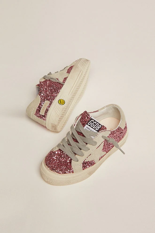 Kids | May Sneakers Pink Glitter with Star & Heel Tab Ice-Gray Suede | Bubblegum Pink x Ice (V2) - Image 4