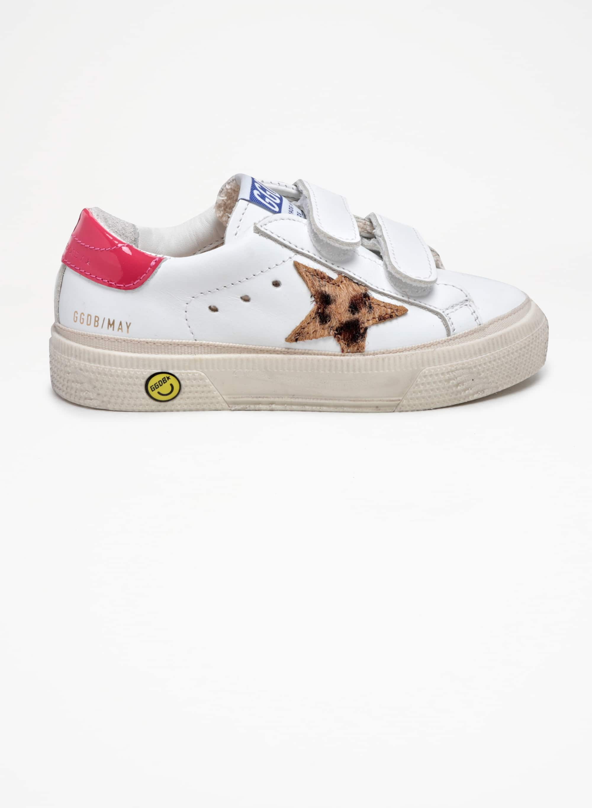 Kids | May Sneakers White Leather with Leo Pony Skin Star & Shiny Heel Tab | White x Beige Brown Leo x Fuxia - Image 3