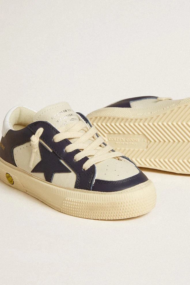 Kids | May Teen Navy Blue Leather & White Heel Tab | White x Medieval Blue - Image 2