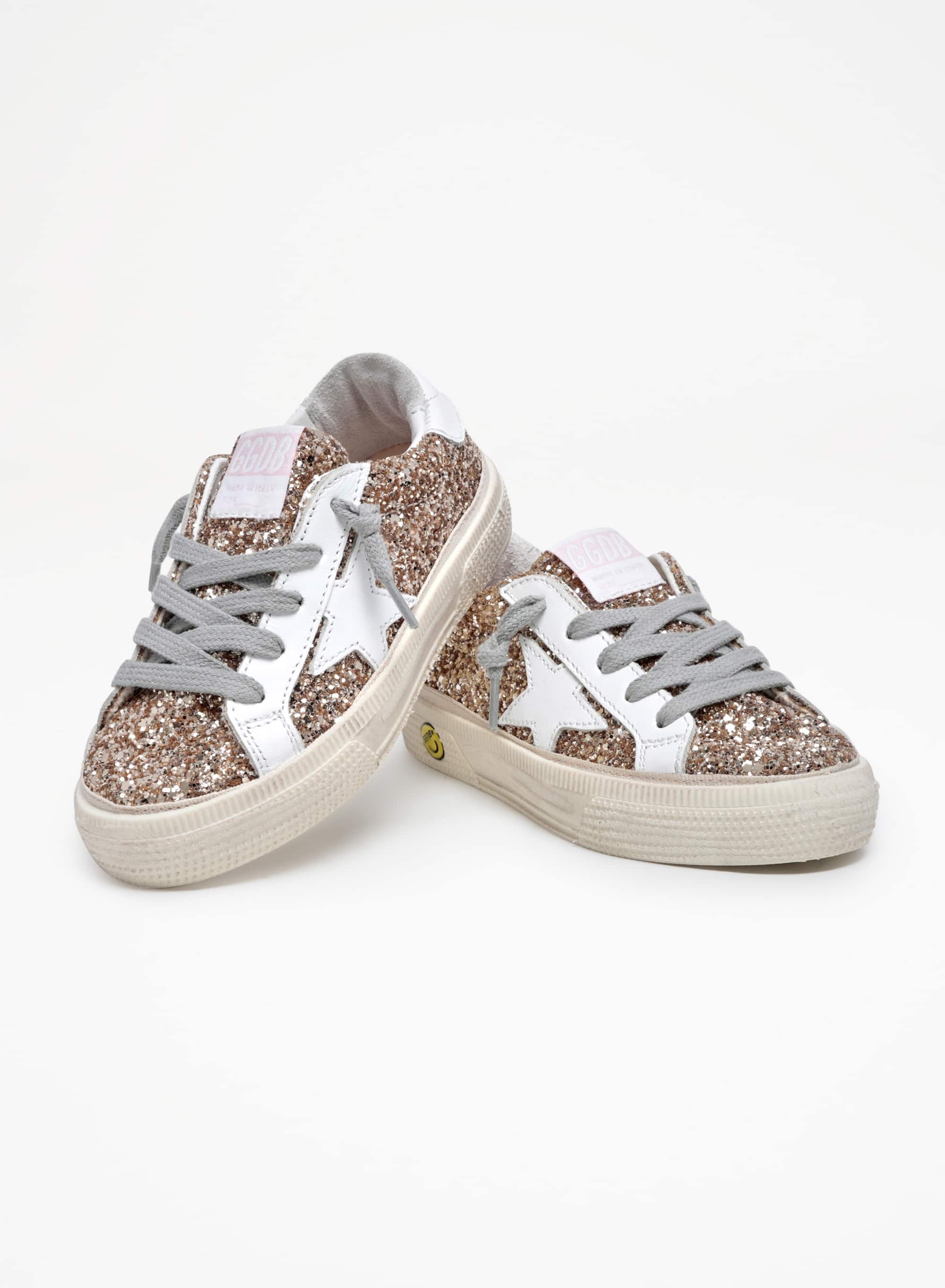 Kids | May Teen Sneakers Gold Glitter with White Leather Star & Heel Tab | Gold x White - Image 6