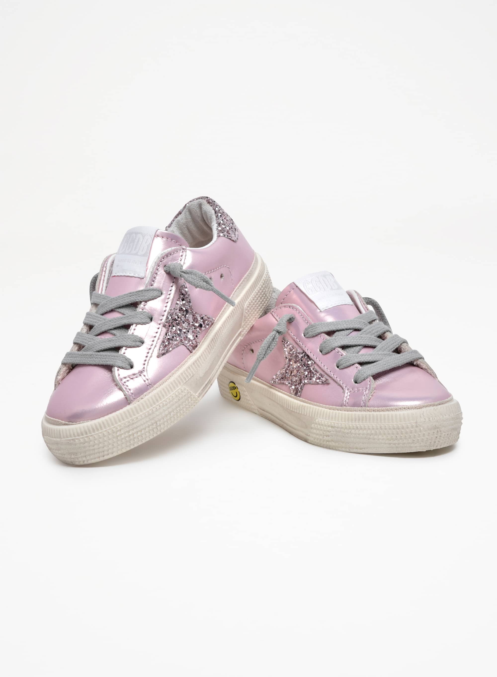 Kids | May Teen Sneakers Pink Leather with Pink Glitter Star & Heel Tab | Salmon Pink x Pink - Image 4