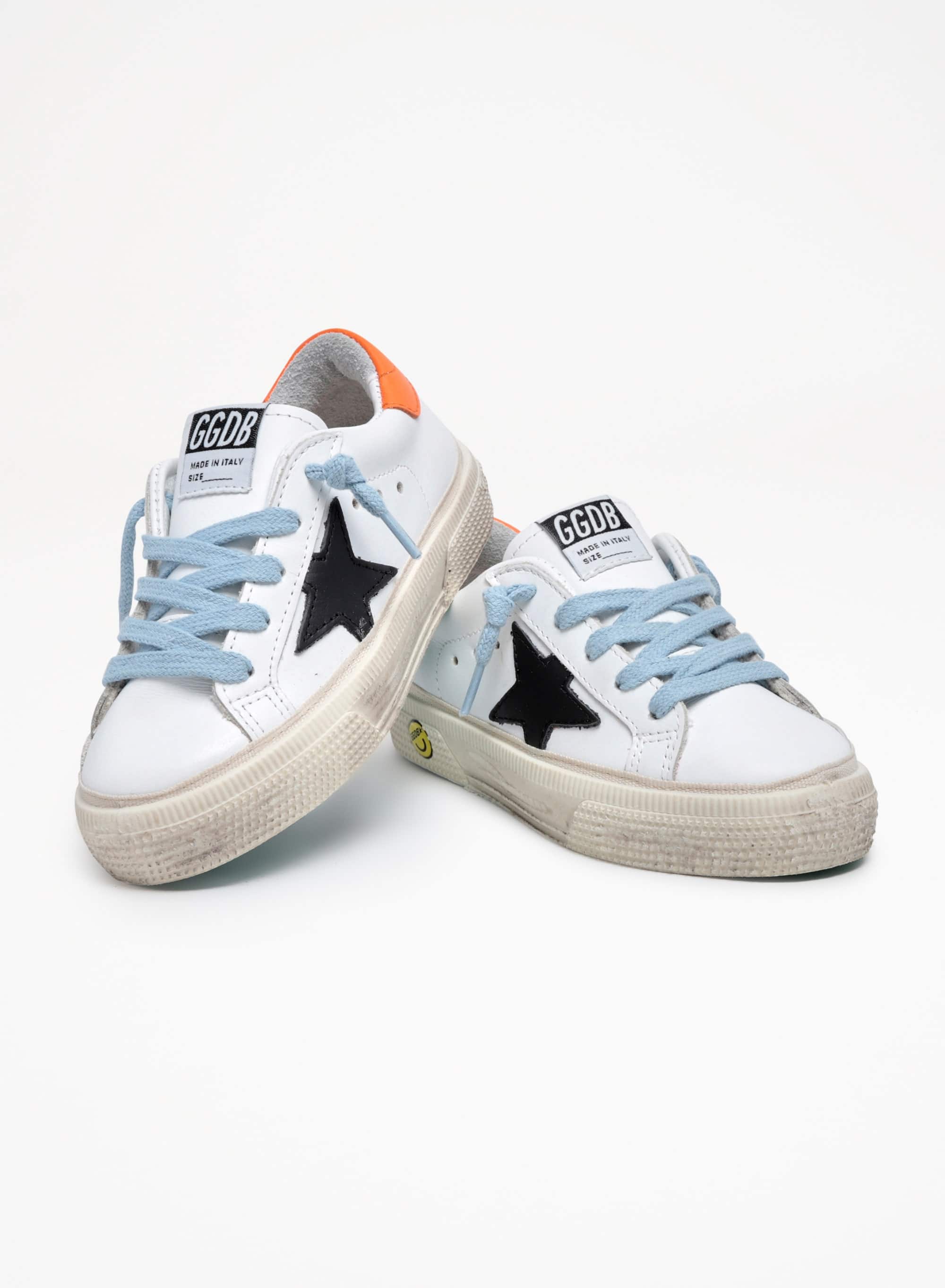 Kids | May White Leather with Black Star & Orange Heel Tab | White x Black x Fluo Orange - Image 3