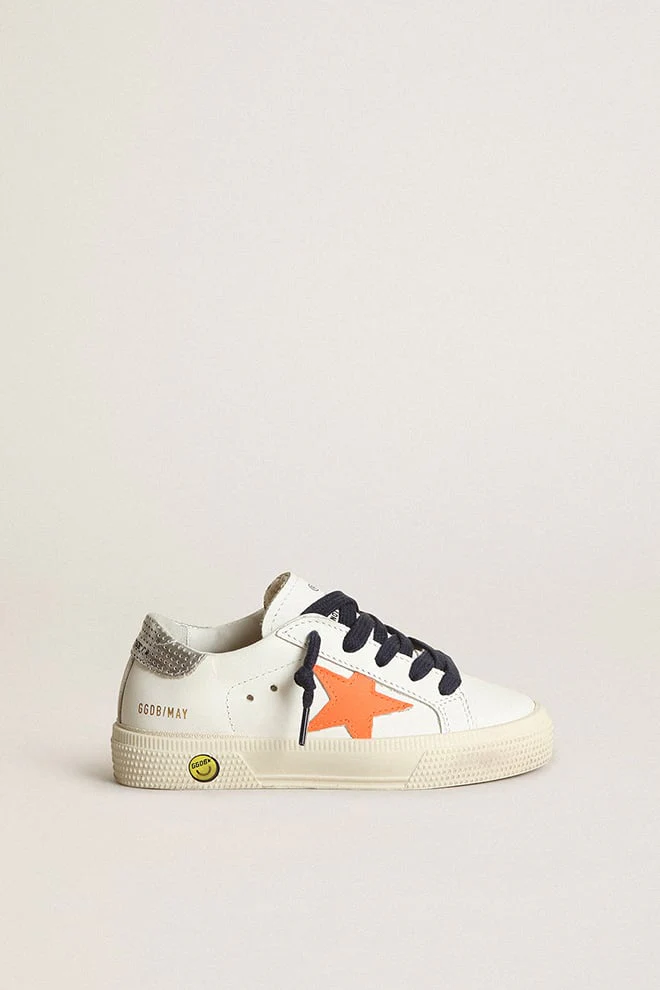 Kids | May White Leather with Orange Star & Dark Blue Laces | White x Fluo Orange x Silver - Image 3