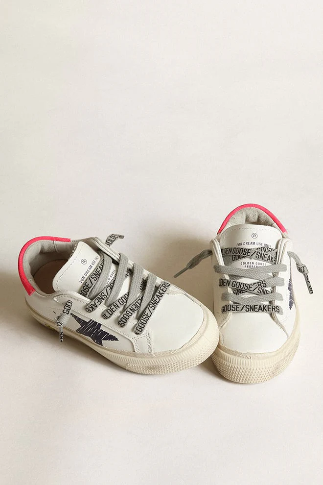 Kids | May with White Leather, Blue Navy Star & Red Heel Tab | White x Navy Blue x Lobster Fluo - Image 2