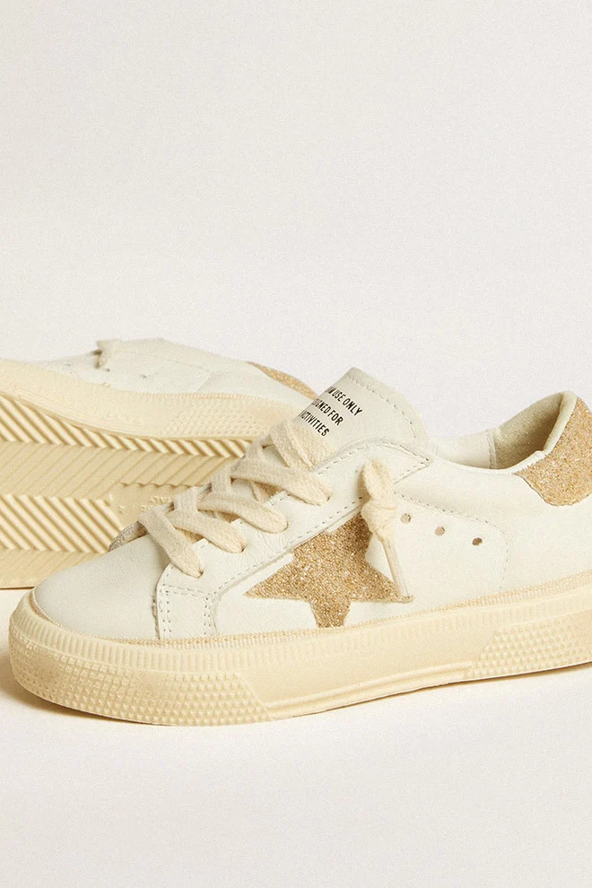 Kids | May Young Leather with Star & Swarovski Gold Heel Tab | White x Gold - Image 3
