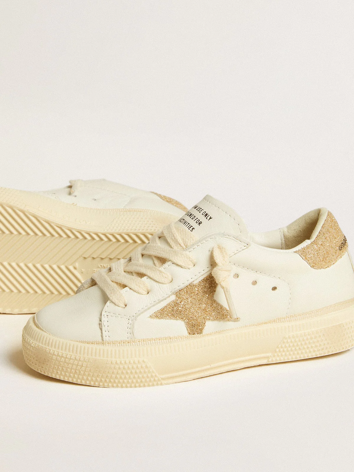 Kids | May Young Leather with Star & Swarovski Gold Heel Tab | White x Gold - Image 6