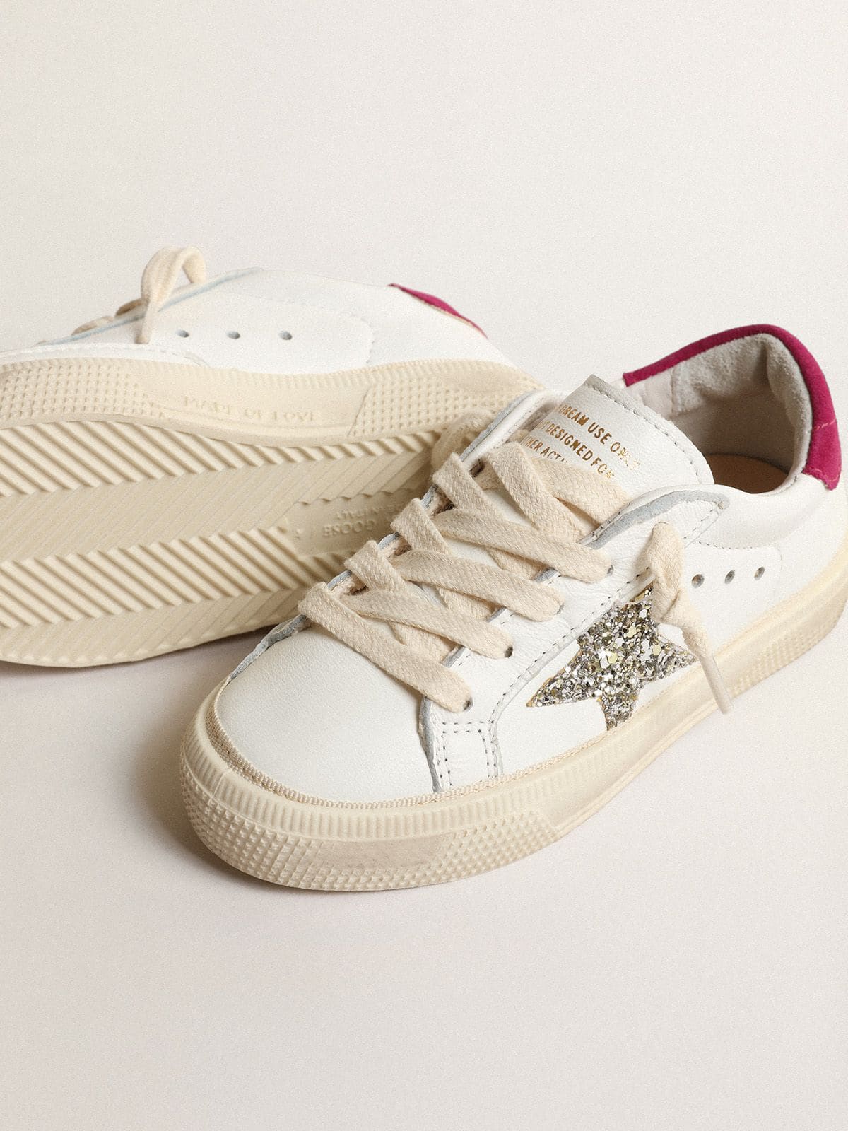 Kids | May Young Nappa Leather with Platinum Glitter Star & Magenta Heel Tab | White x Platinum x Magenta - Image 7