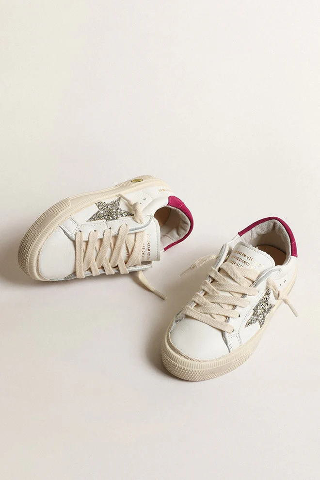 Kids | May Young Nappa Leather with Platinum Glitter Star & Magenta Heel Tab | White x Platinum x Magenta - Image 8